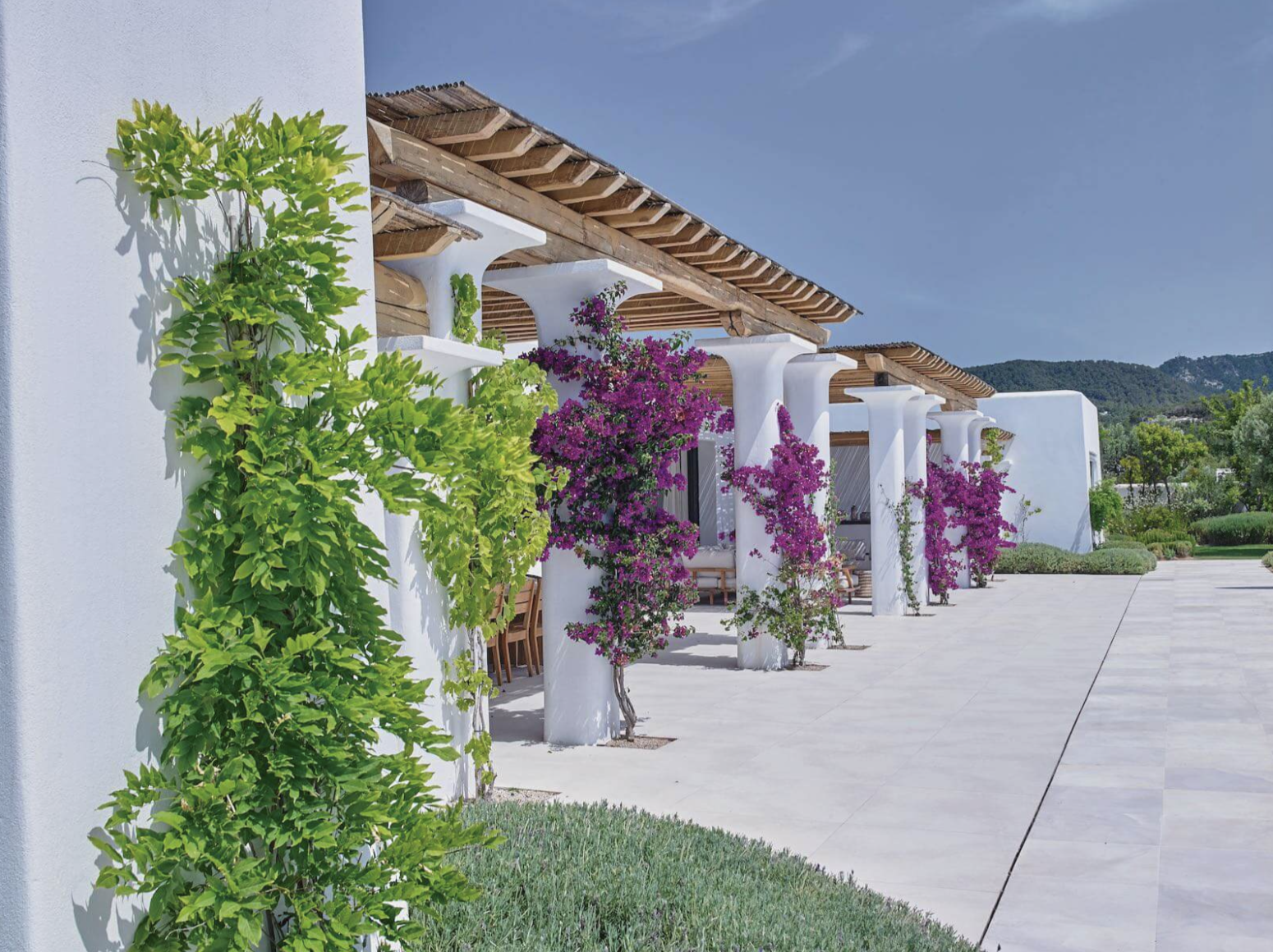 Villa Blakstad à Ibiza avec murs blanchis à la chaux, pergolas en bois, bougainvilliers grimpants et jardins paysagers.